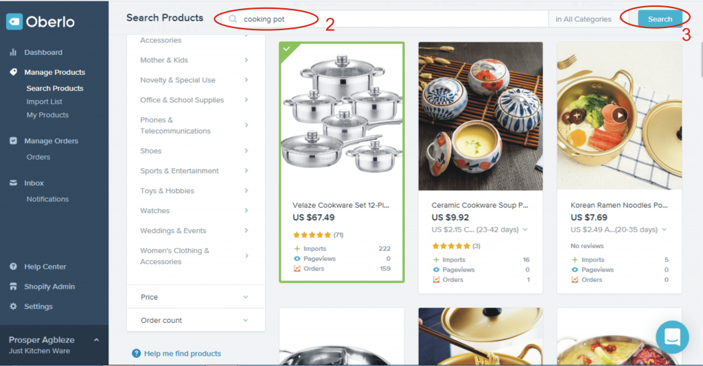 7a how to search for product with oberlo